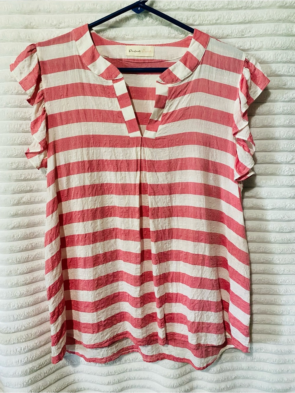 Casual Pink & White Striped Ruffle Sleeve Blouse